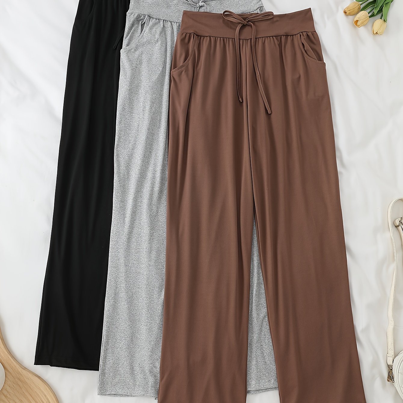 Women's Cozy Pajama Pants 3-Pack Polyester Elastane Black Gray Brown