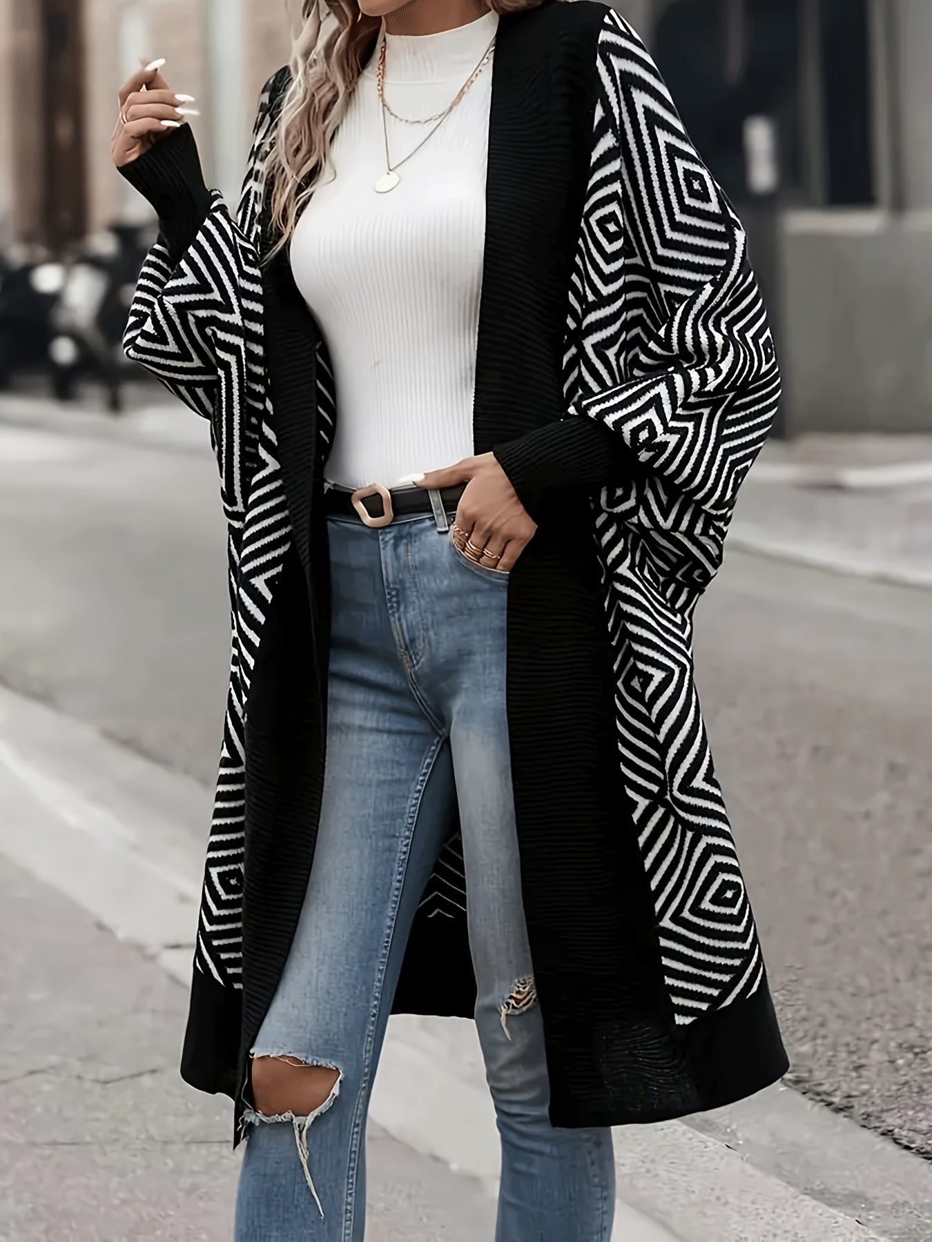 Plus Size Geometric Print Cardigan for Women Open Front Long Sleeve Knit Outwear