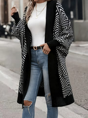 Plus Size Geometric Print Cardigan for Women Open Front Long Sleeve Knit Outwear