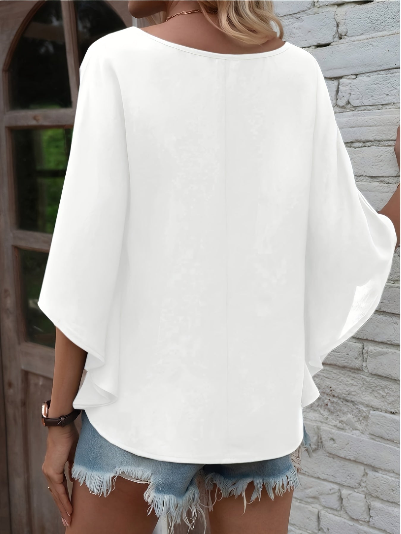 Women's White V-Neck Batwing Sleeve Blouse Casual Short Sleeve Loose Fit