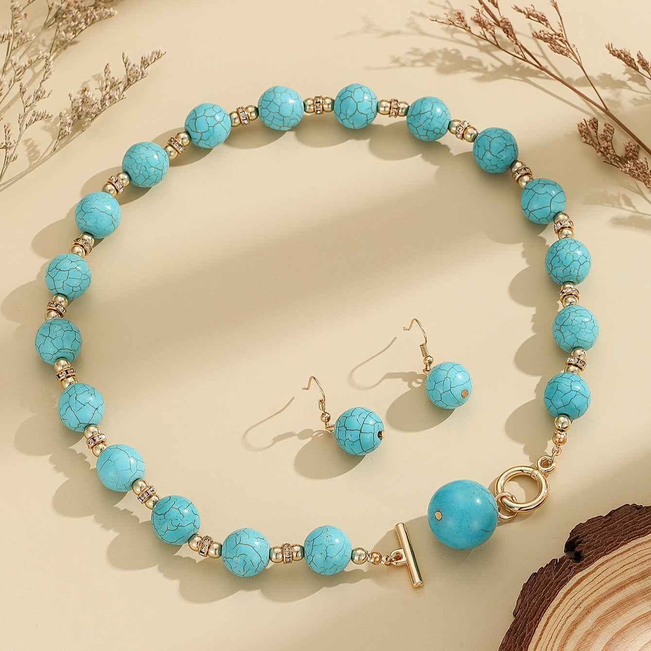 Bohemian Turquoise Beaded Gold Plated Jewelry Set Necklace Earrings for Wedding Engagement Festival