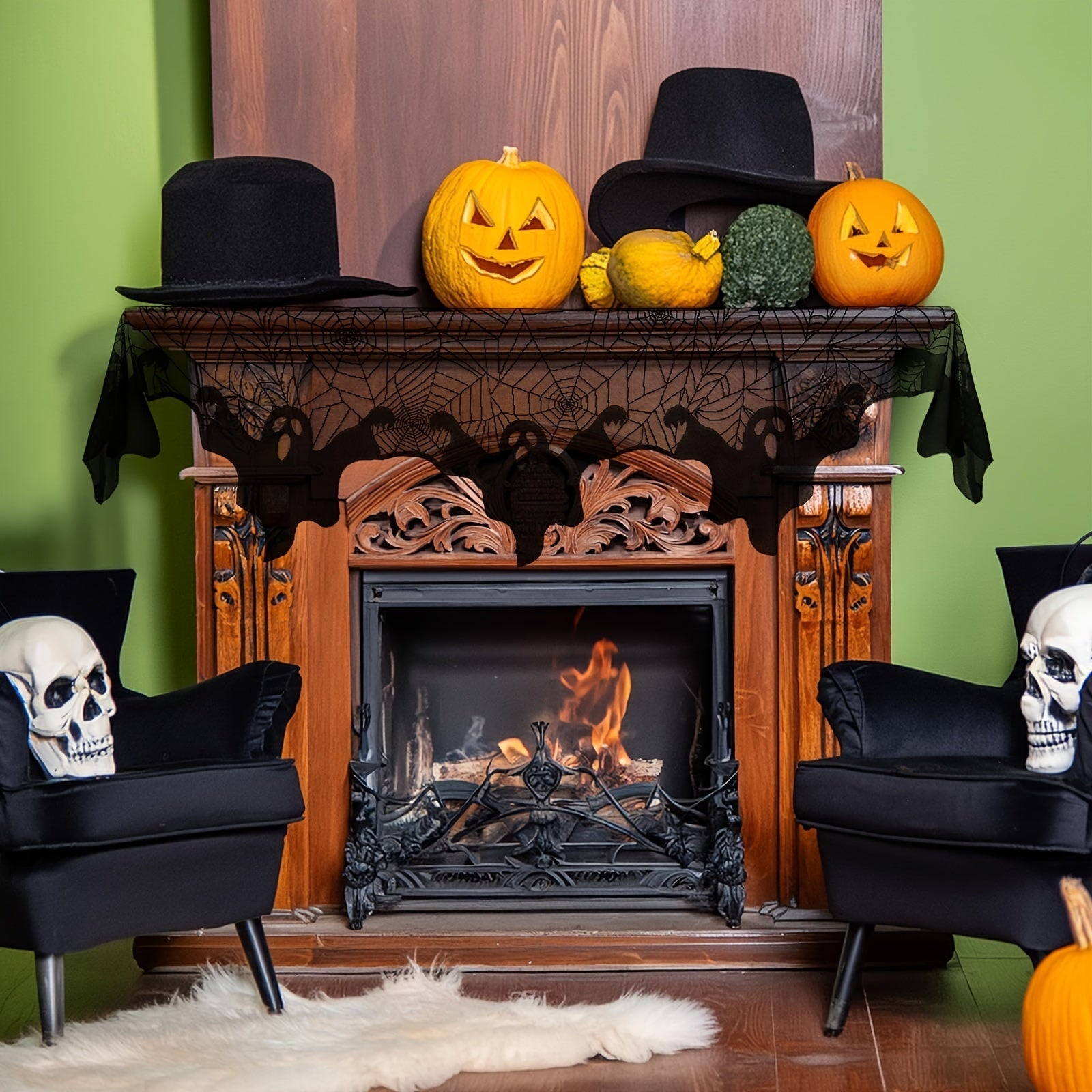 Qora tikanli to‘qilgan aragnid tarmog‘i pechka qopqog‘i uchun mato G‘arbiy gotik Halloween bezaklari