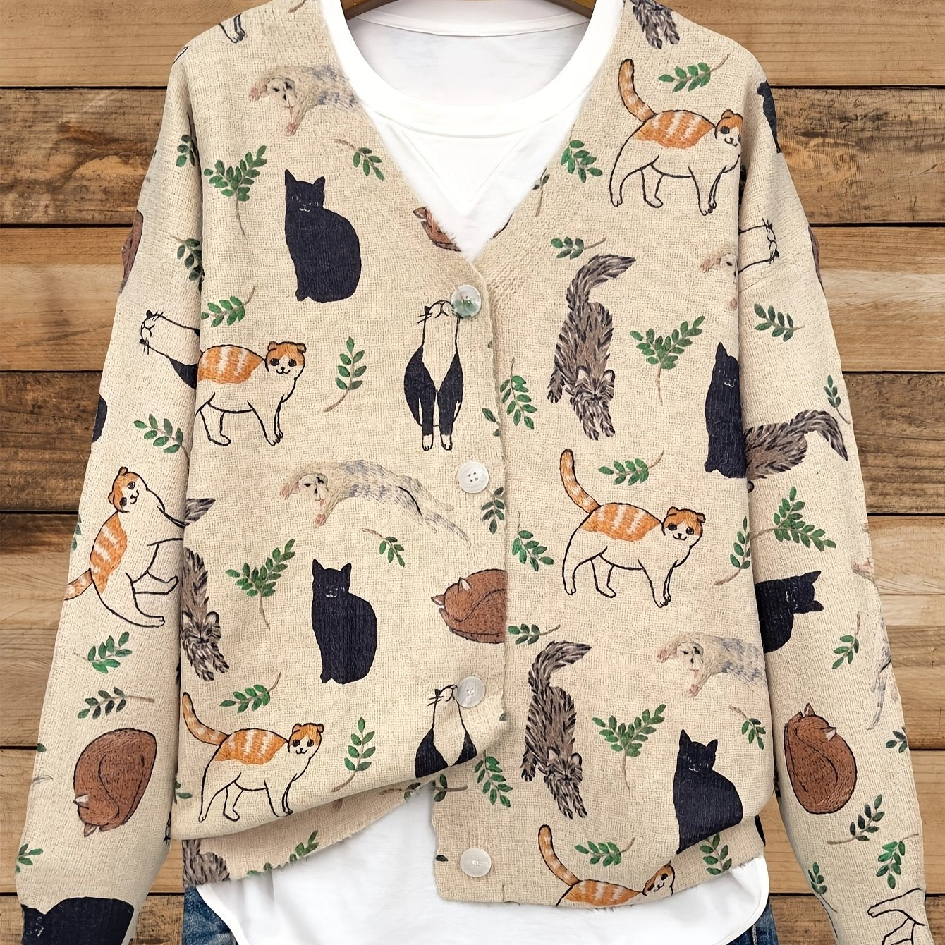 Suéter de punto para mujer talla grande con cuello en V, manga larga y estampado de gato