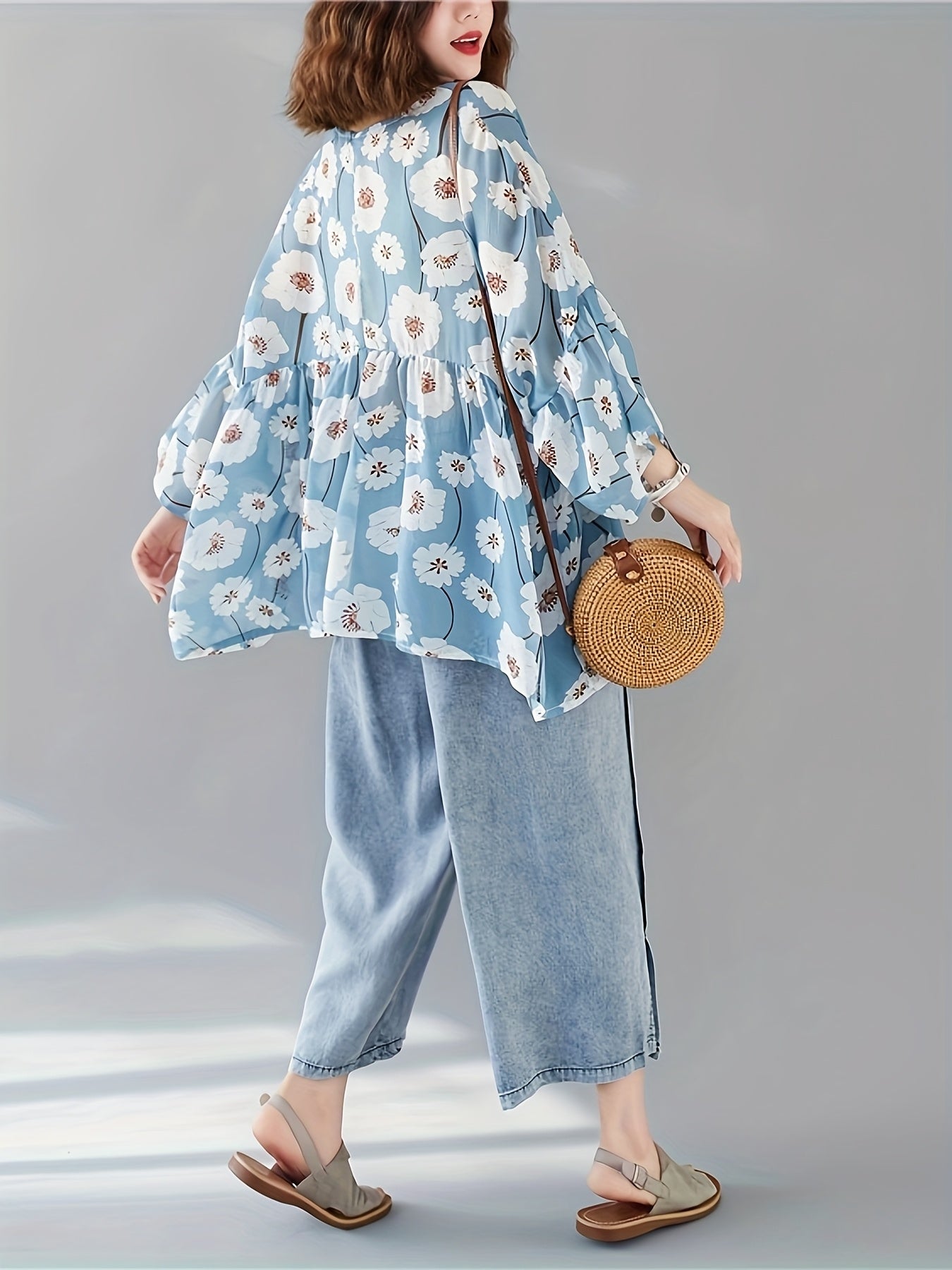 Plus Size Women's Floral Print Chiffon V-Neck T-Shirt Summer Top