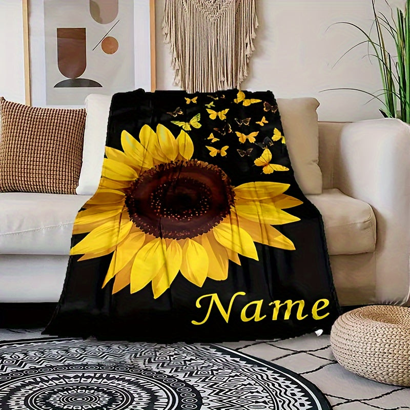 Personalized Sunflower and Butterfly Print Flannel Blanket Soft Warm Machine Washable All-Season