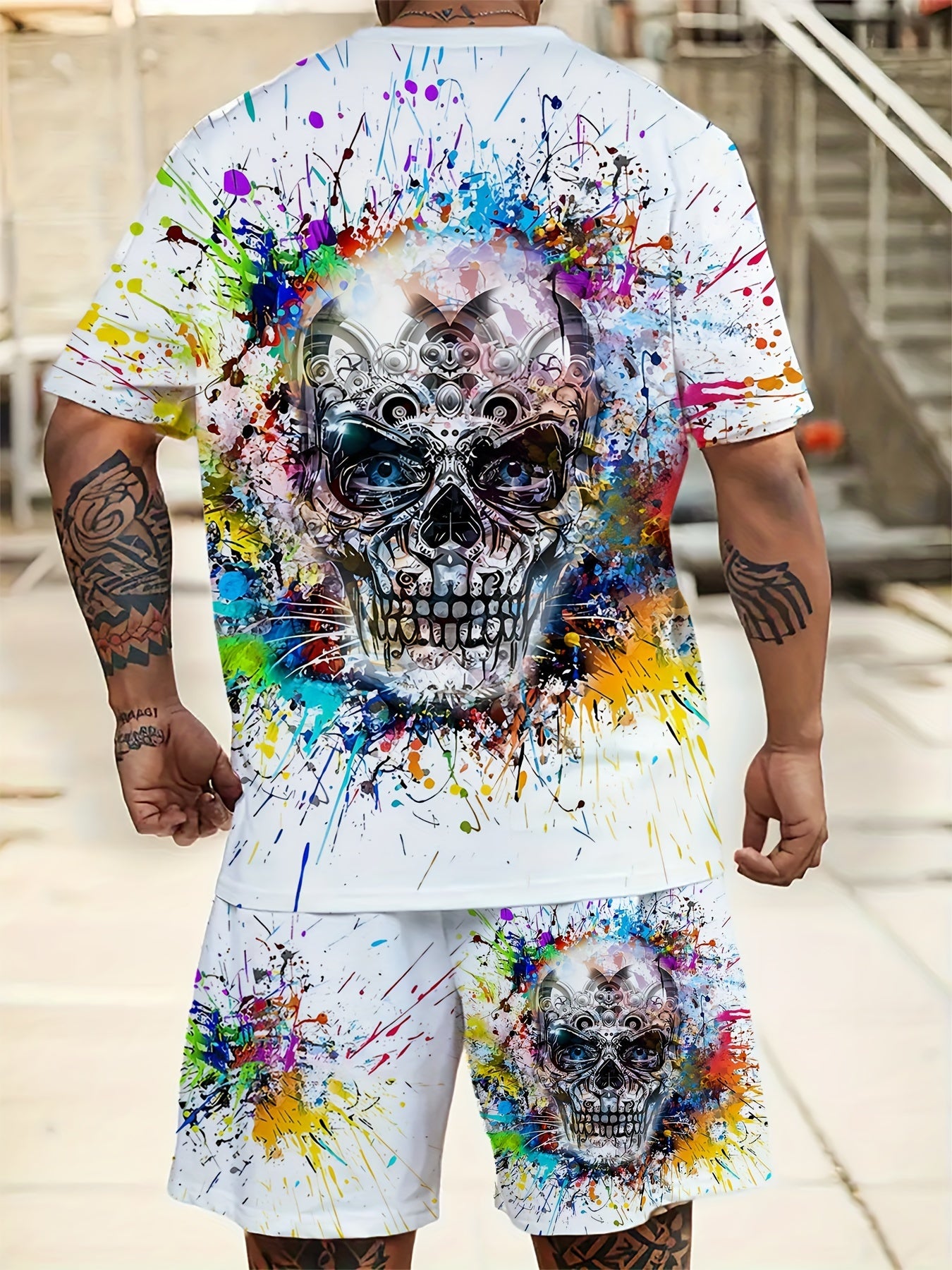 Men's Plus Size 2-Piece Set Crew Neck Skull Print T-Shirt and Drawstring Shorts Polyester