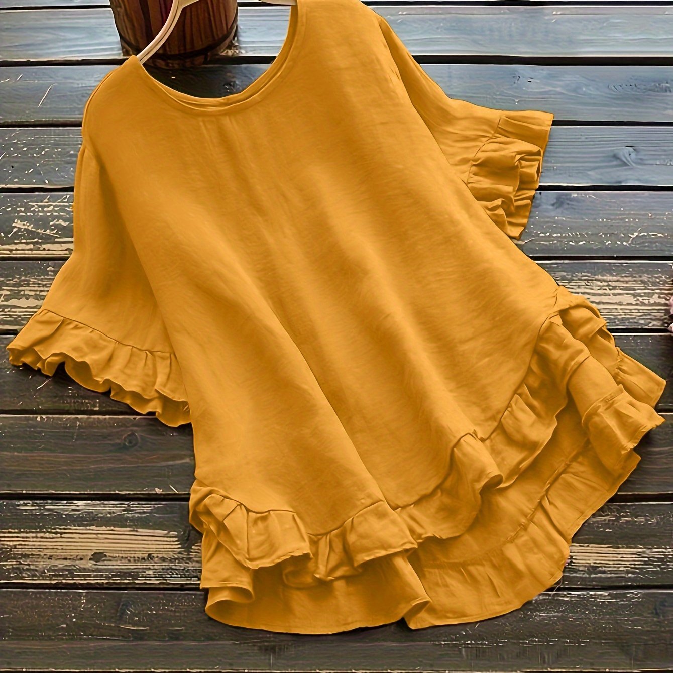 Blusa de manga campana de talla grande para mujer, con volantes, parte frontal corta y parte trasera larga, color negro, tela suave