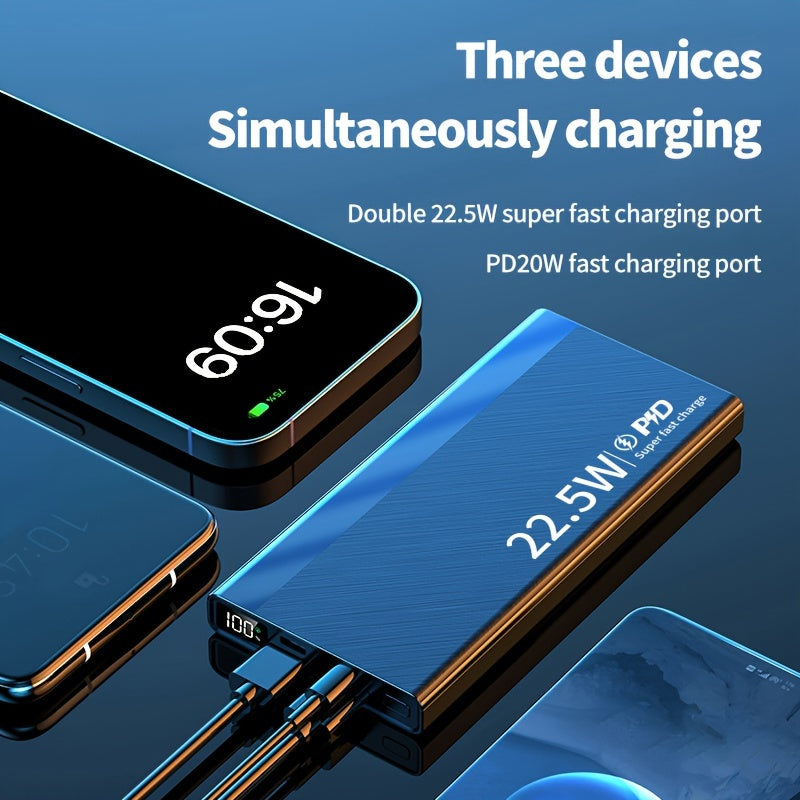 30000/20000/10000 mAh Ultra-ingich Portativ Quvvat Banki, 22.5W Tez Zaryadlash, iPhone/Android qurilmalari uchun LED Quvvat Ko'rsatkichi, USB/Type-C/mikro interfeyslari bilan Favqulodda Quvvat Zaxirasi.