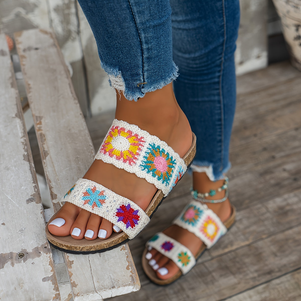 Women's Knitted Floral Flat Slippers Non-Slip Open-Toe Large Size Shoes