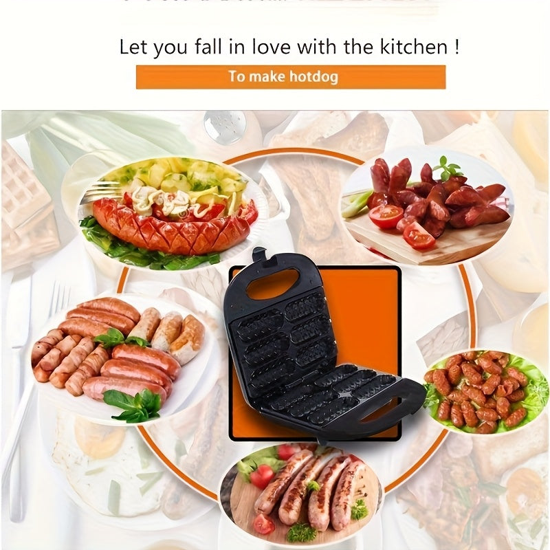 1000W tez isitgich bilan elektr kolbasa tayyorlagich va hot dog pishirgich, tutqichsiz, yog'siz dizayn. Ikki ta isitish elementlari, ergonomik tutqich va qora rangda kompakt kvadrat dizayni bilan jihozlangan.