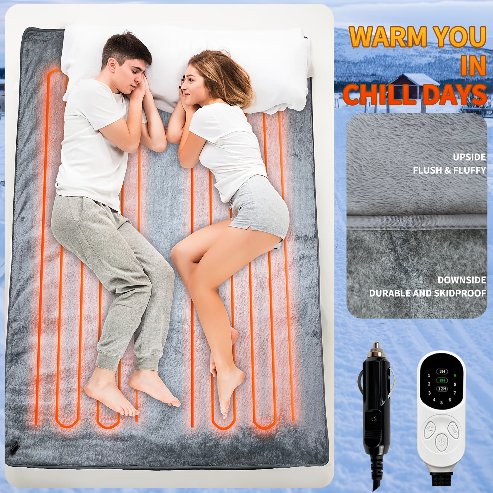 Car Heated Blanket 12V Electric SUV RV Camping with 9-Speed Temperature