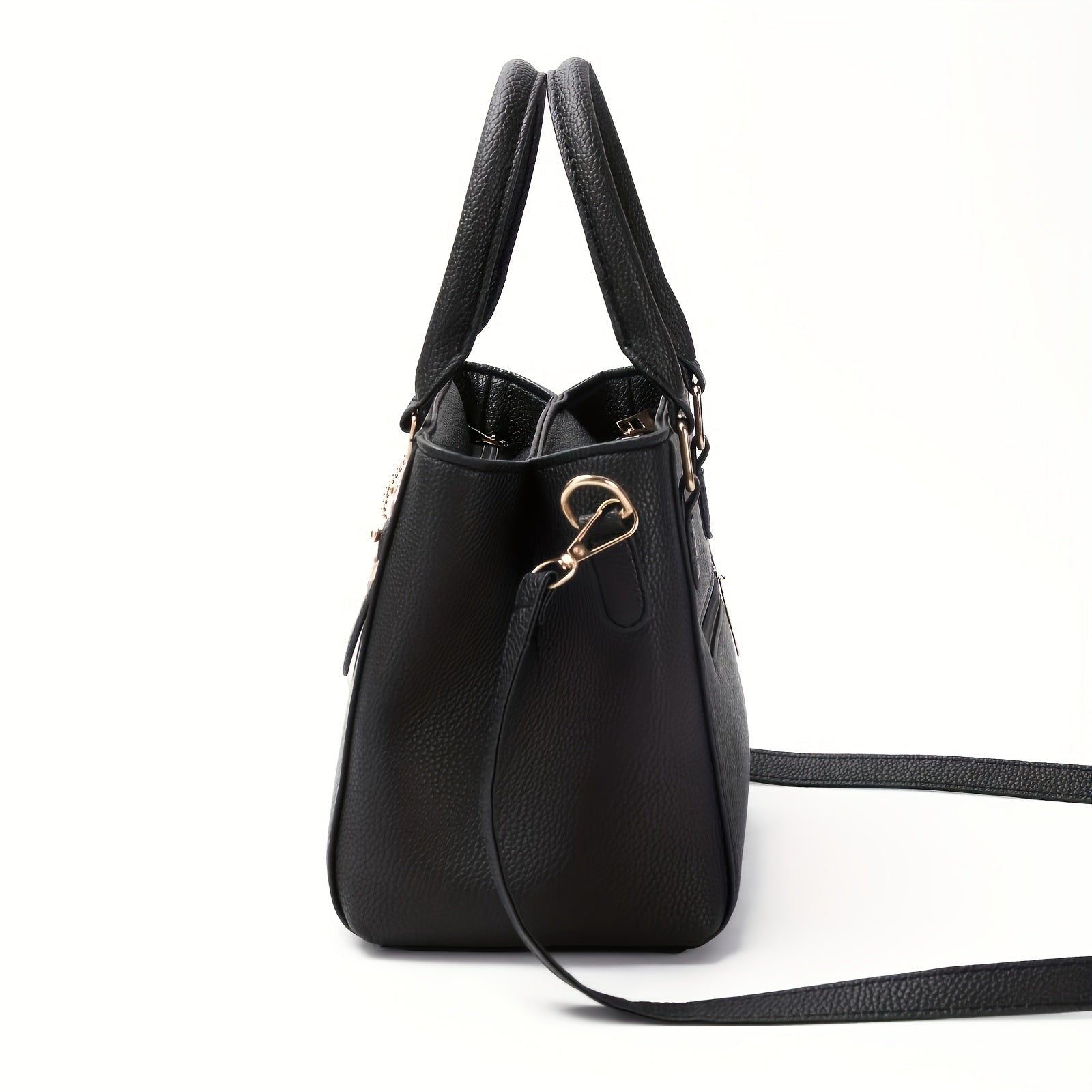 Black Lychee Pattern Tote Bag with Adjustable Strap for Daily Use