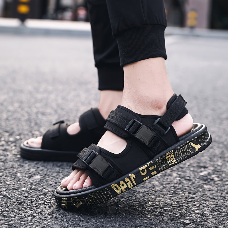 Men's Black Fabric Sandals with Yellow Dear Print Hook and Loop Fastener Anti-Skid Rubber Sole