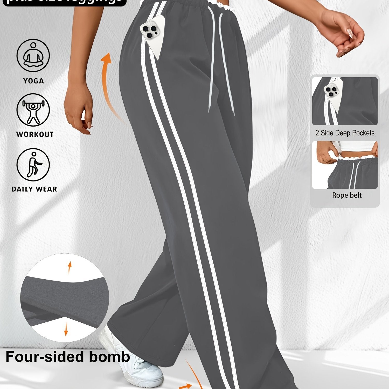 Women's Plus Size High-Waist Striped Joggers with Pockets, 7/8 Length Sports Pants