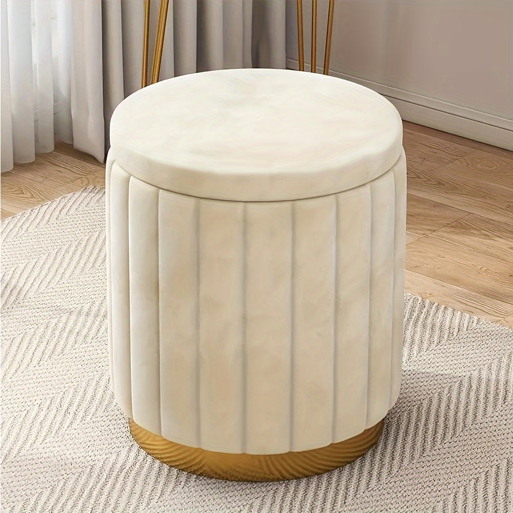 Nordic Modern Round Storage Ottoman Fabric Upholstered Grey Mirror Finish Footrest