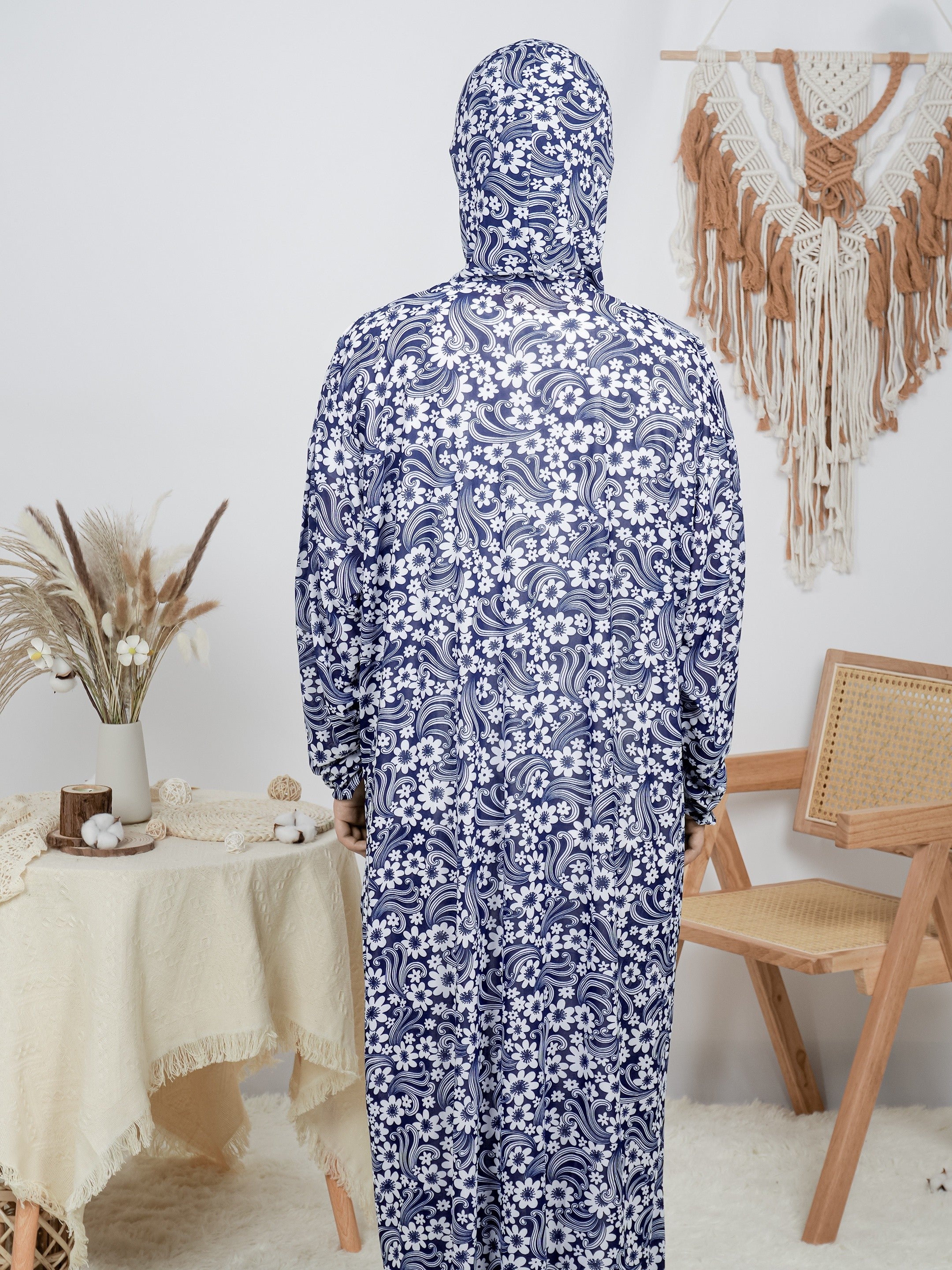 Women's Long Floral Print Loose Fit Robe Polyester Elastane Machine Washable for Ramadan