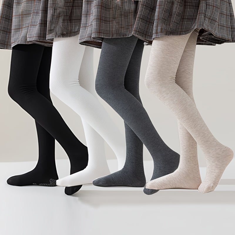 Set of 4 Girls' Vertical Striped Knit Leggings with Feet All-Season Children