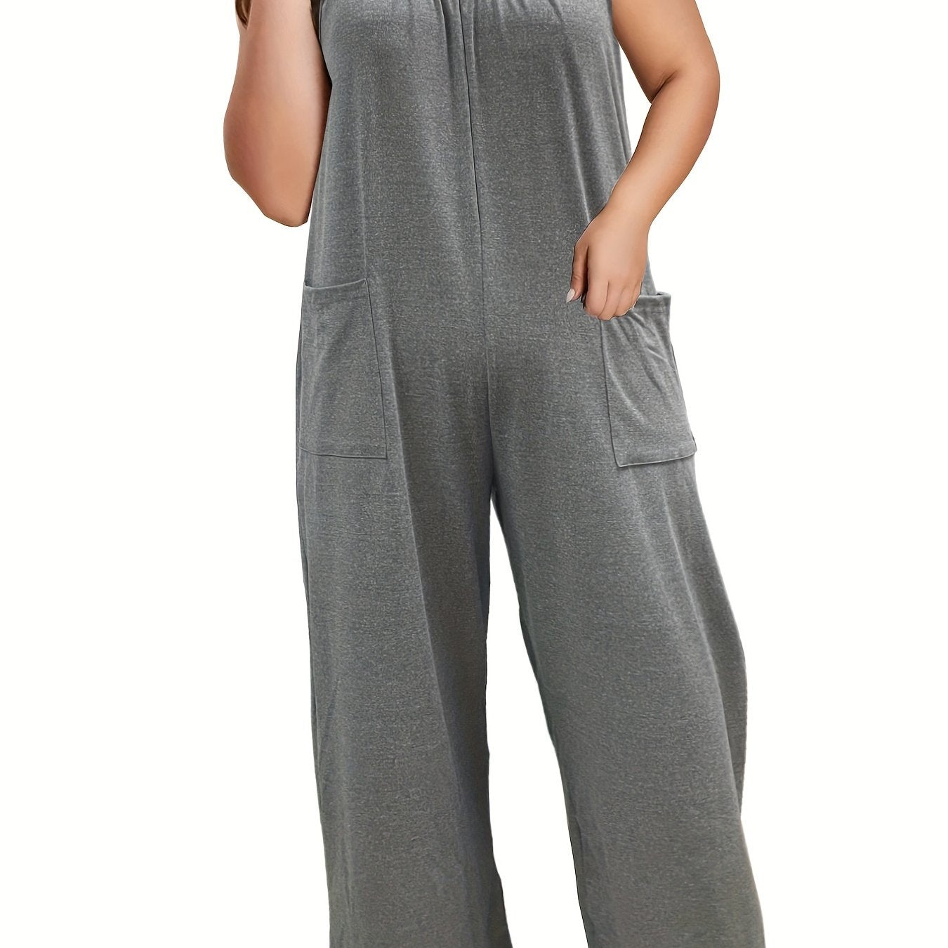 Plus Size Women's Casual Jumpsuit Solid T-Shirt Style Wide Leg With Pockets