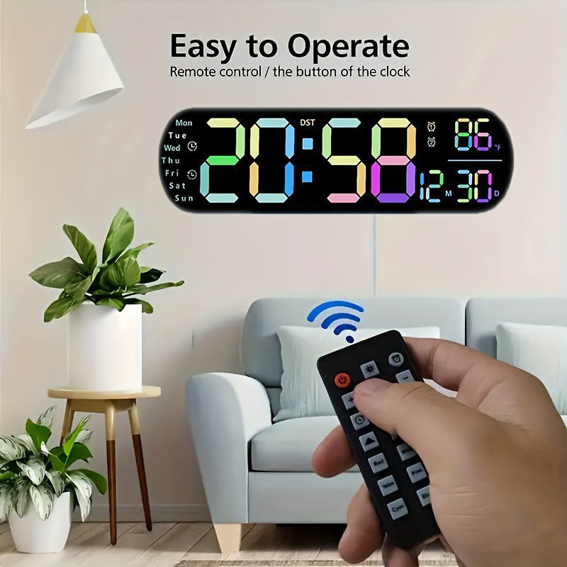 Digital Wall Clock with Remote Control 13.7 Inch Large LED Display Dual Alarms Auto Dimmable Night Light