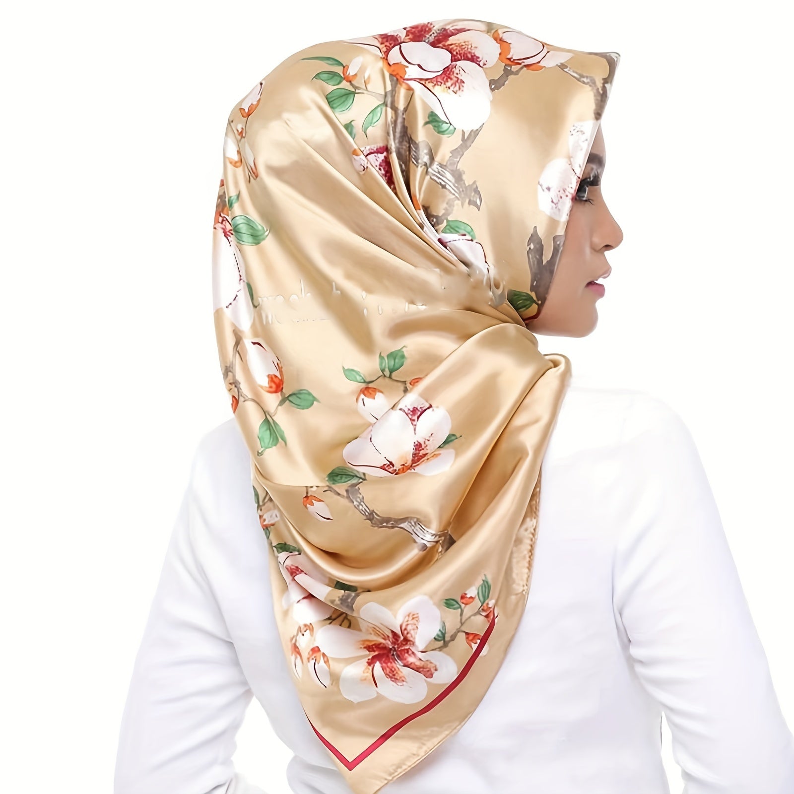 Teal Floral Polyester Square Scarf 89cm Sun Protection Casual Accessory