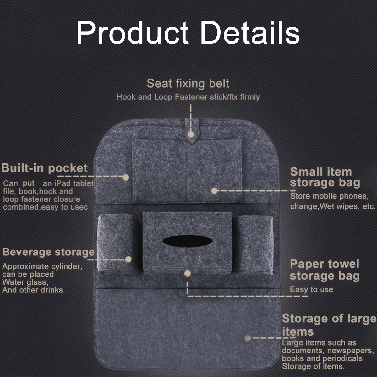 Felt Car Seat Storage Bag Back Organizer for Vehicles