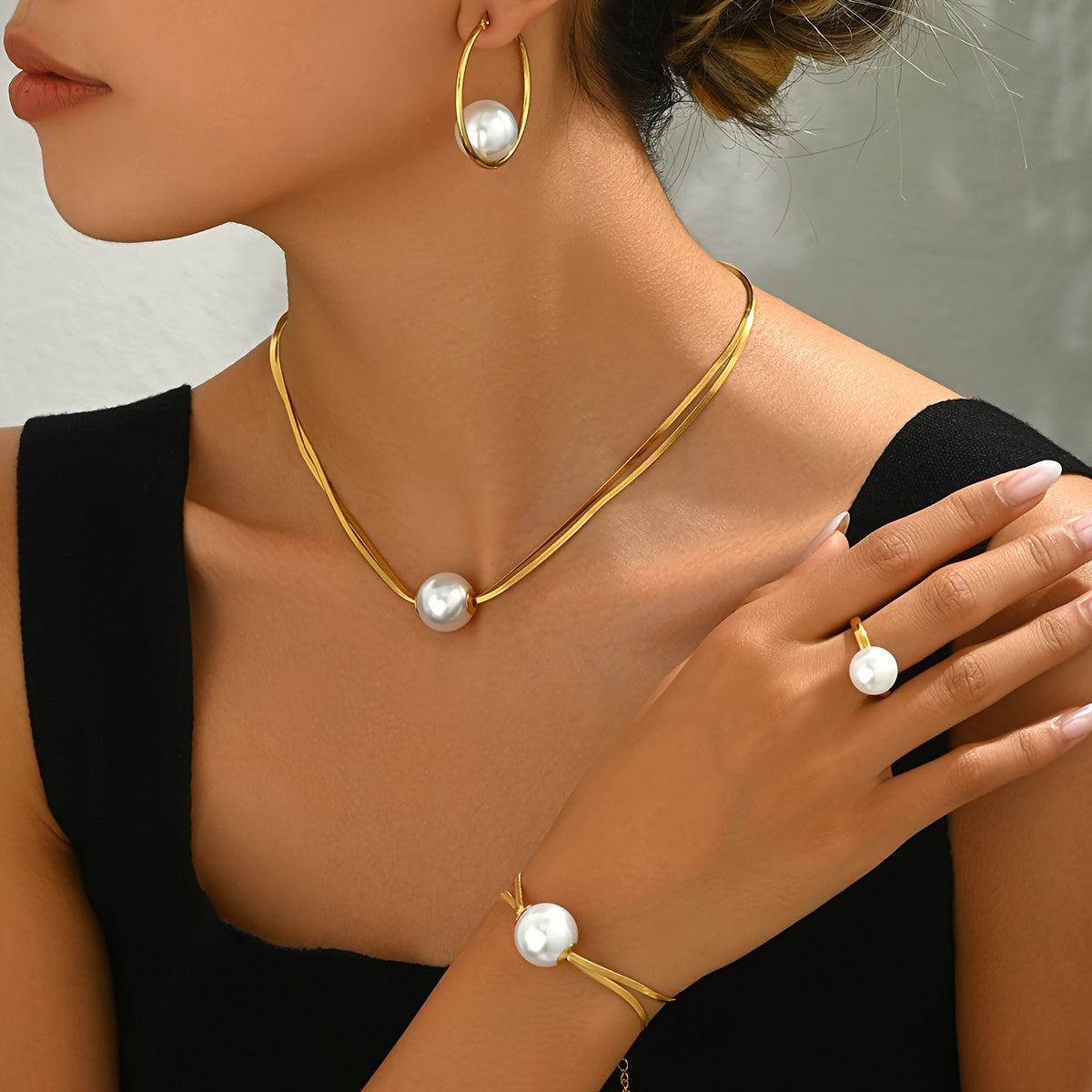 Women's Gold Plated Jewelry Set with Faux Pearl Accents Necklace Earrings Ring Bracelet Minimalist Vintage