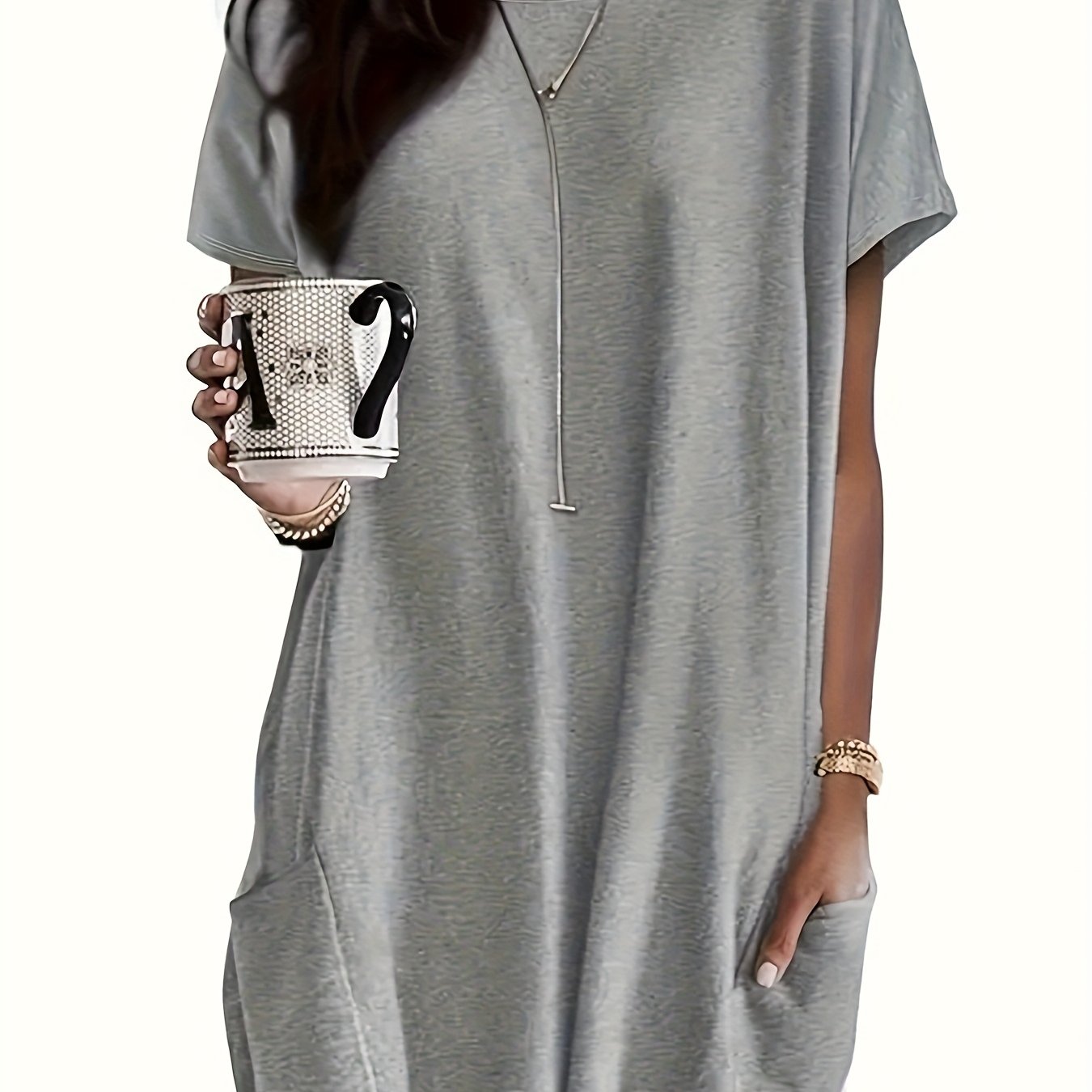 Plus-Size ayollar uchun kundalik qisqa sleeve tunik kofta, bir rangli, erkin fit, nafas oluvchi mato