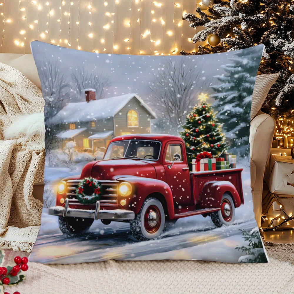 Christmas Throw Pillow Cover Red Truck Tree Knit Fabric Cushion Case for Sofa Bed Car