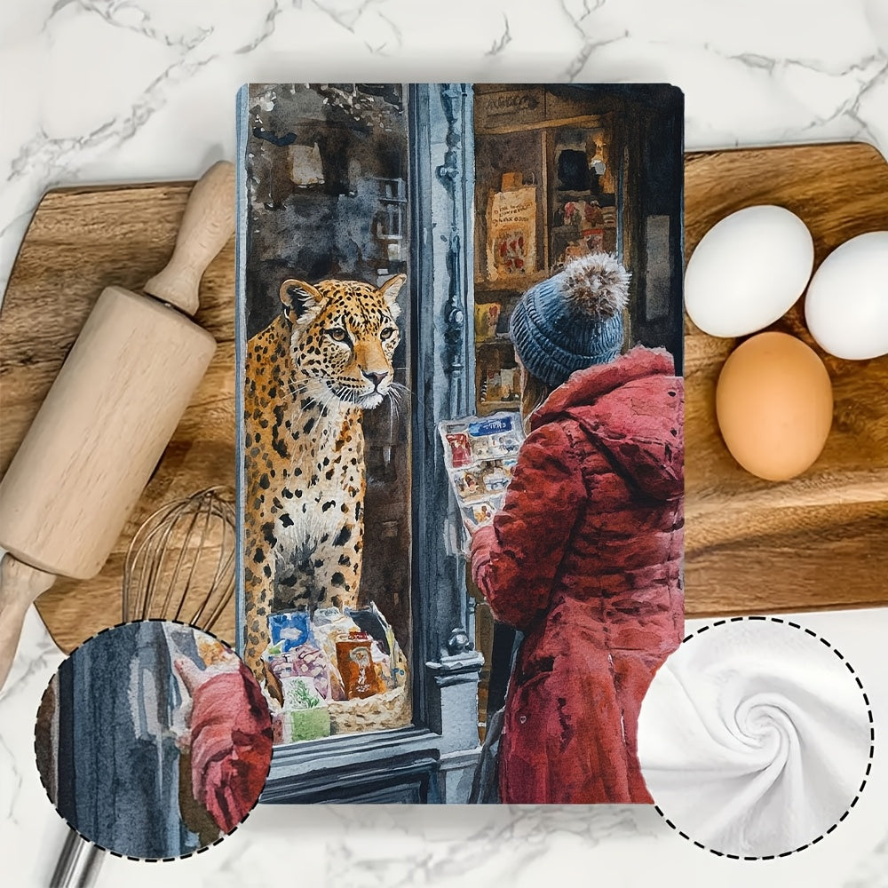 2 ta Ultra Soft oshxona sochiqlari to'plami, xayoliy leopard, inson bilan uchrashuv, 40x60 sm