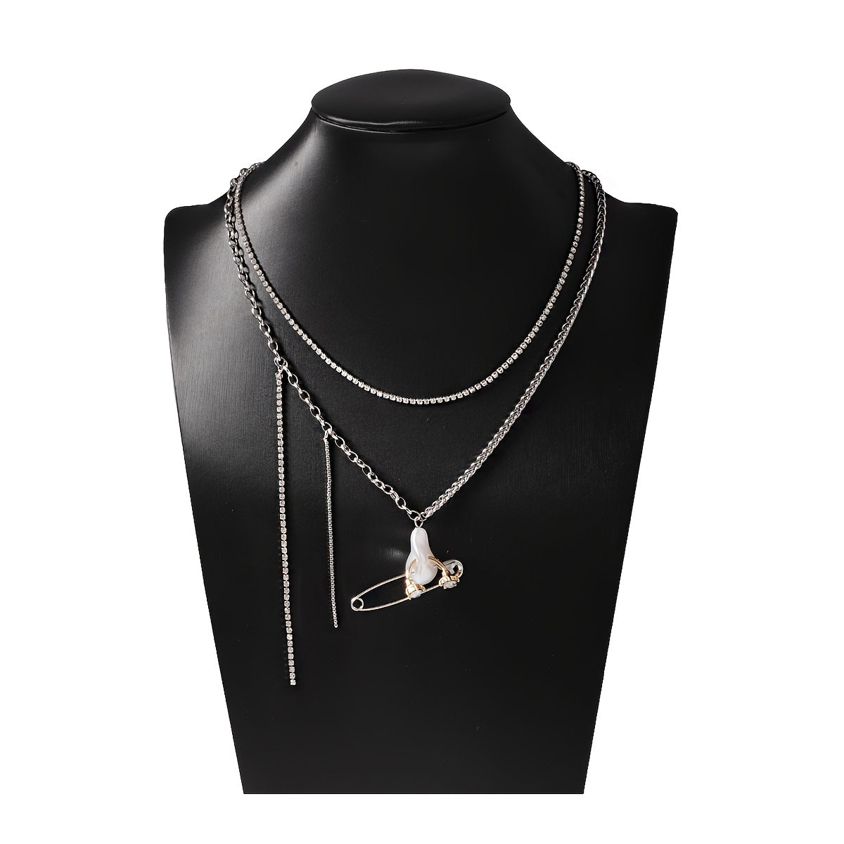 Asymmetrical Chain Pendant Necklace with Zirconia and Faux Pearl Accents