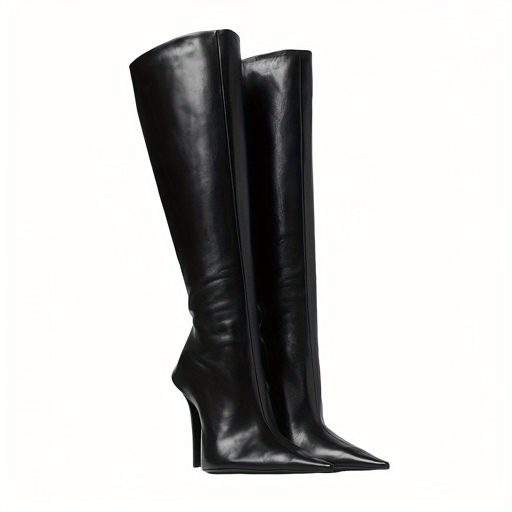 Women's Knee-High Faux Leather Boots with Pointed Toe and Zipper