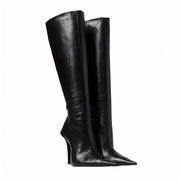 Women's Knee-High Faux Leather Boots with Pointed Toe and Zipper