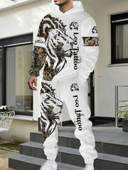 Men's Polyester Tracksuit Set with Geometric Lion Print Hooded Casual Spring Fall