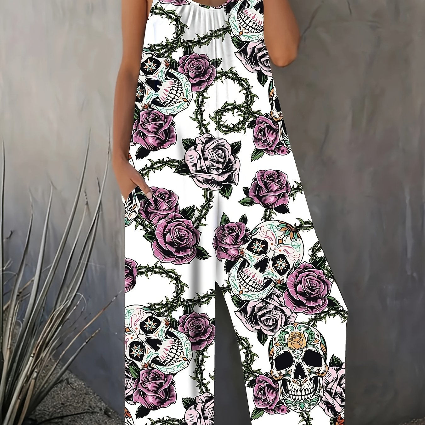 Plus Size Floral Skull Print Slip Jumpsuit Casual Sleeveless Pocket Dress