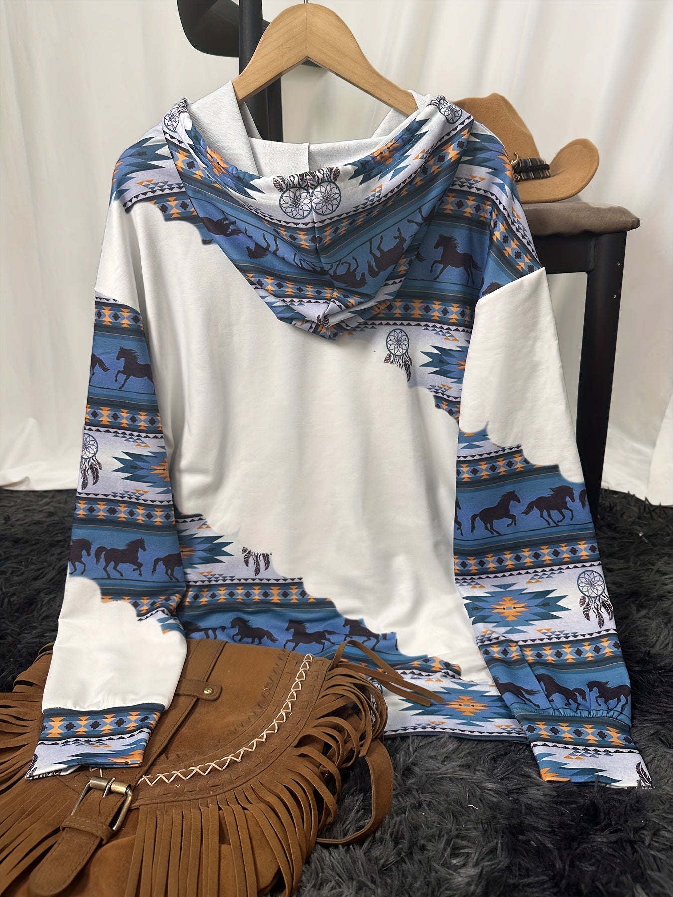 Sudadera con capucha de estampado étnico para mujer con tela de punto y cordón