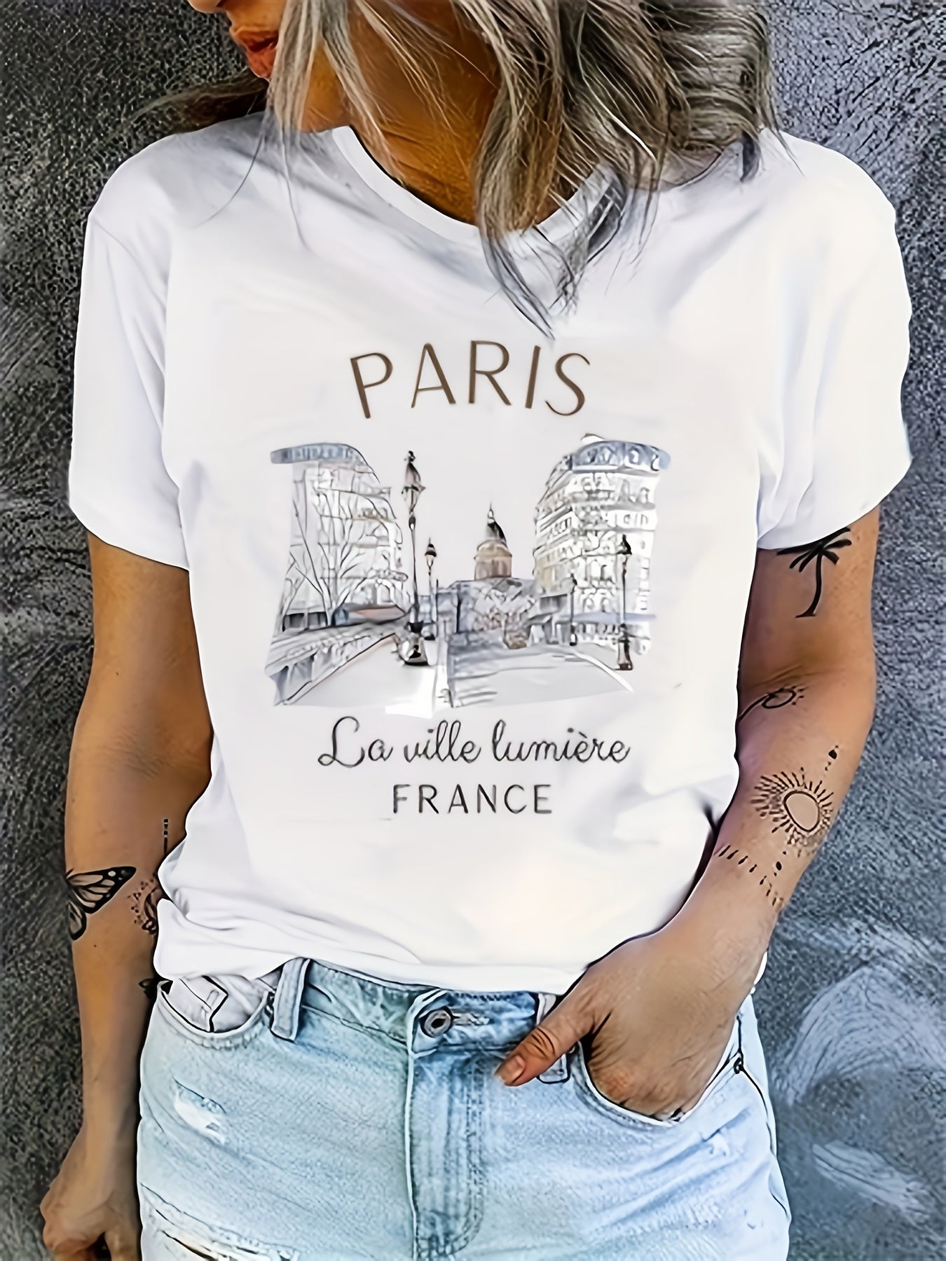 Women’s Polyester Blend Paris Print T-Shirt Short Sleeve Casual Top