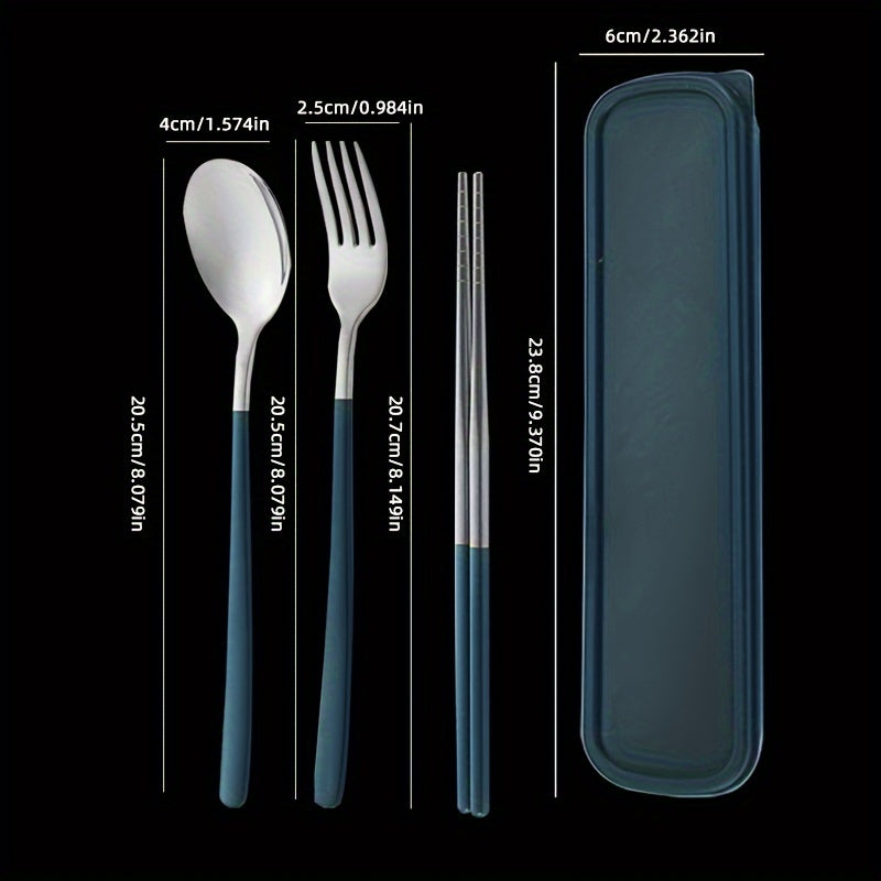 Set of 4 Stainless Steel Portable Cutlery with Reusable Box Fork Spoon Chopsticks for Camping Outdoor Dining