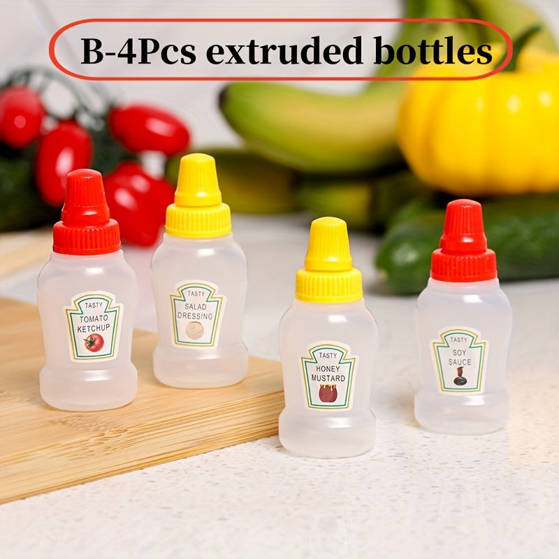 Set of 4 Mini Sauce Bottles for Condiments and Spices for Lunches and Picnics