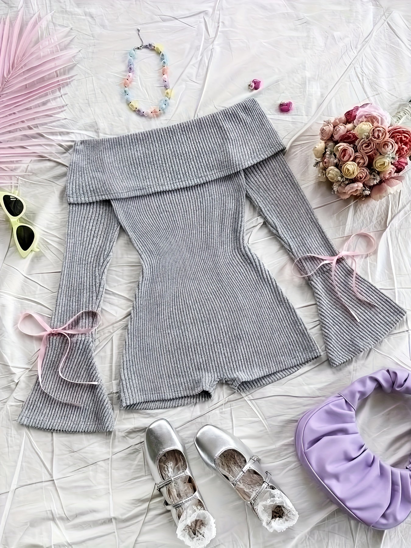 Women's Y2K Style Off-Shoulder Romper with Long Sleeves and Lace-Up Bow Detail
