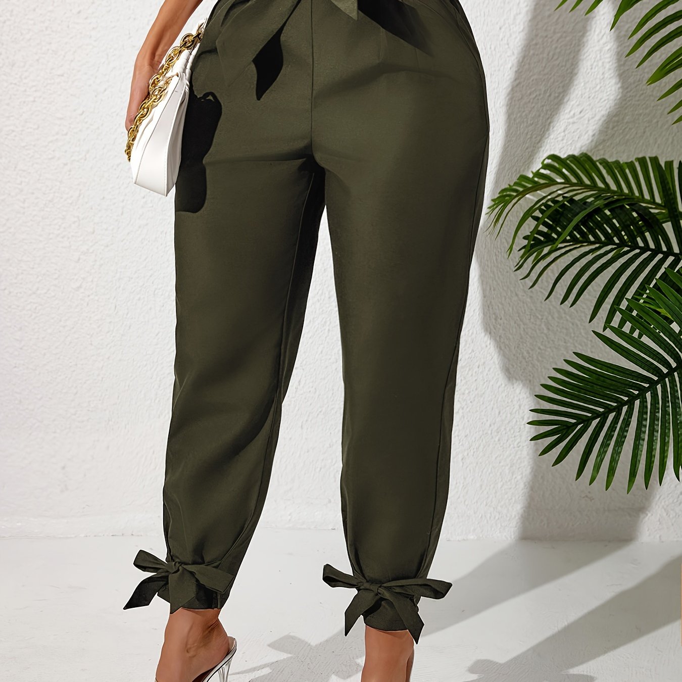 Plus Size Solid Straight Leg Pants with Elastic Drawstring Waist and Bow Detail for Spring and Summer