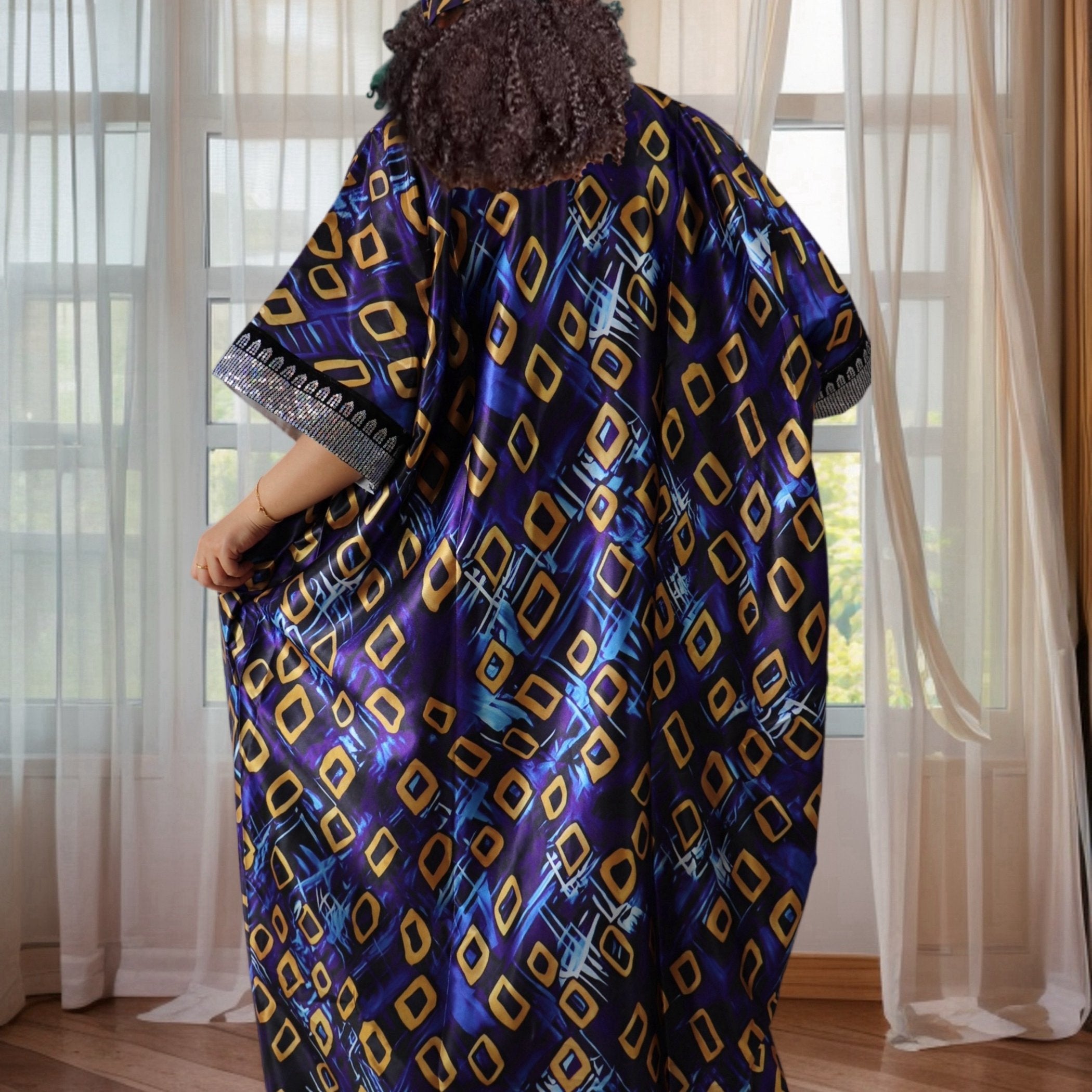 Plus Size African Sequin Printed Satin Long Dress