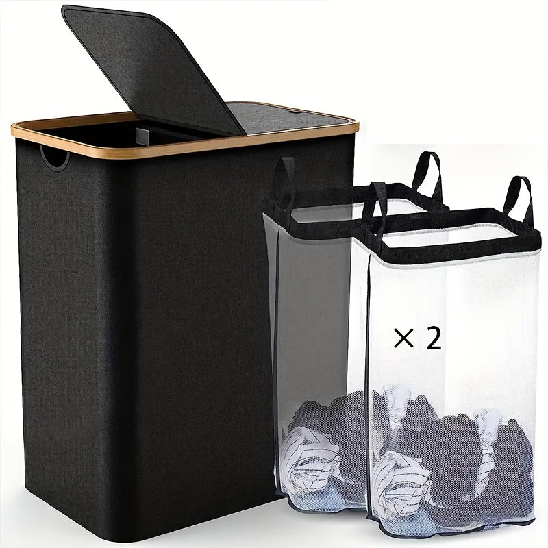 Large Capacity Double Layer Laundry Basket with Lid and Removable Washable Bags