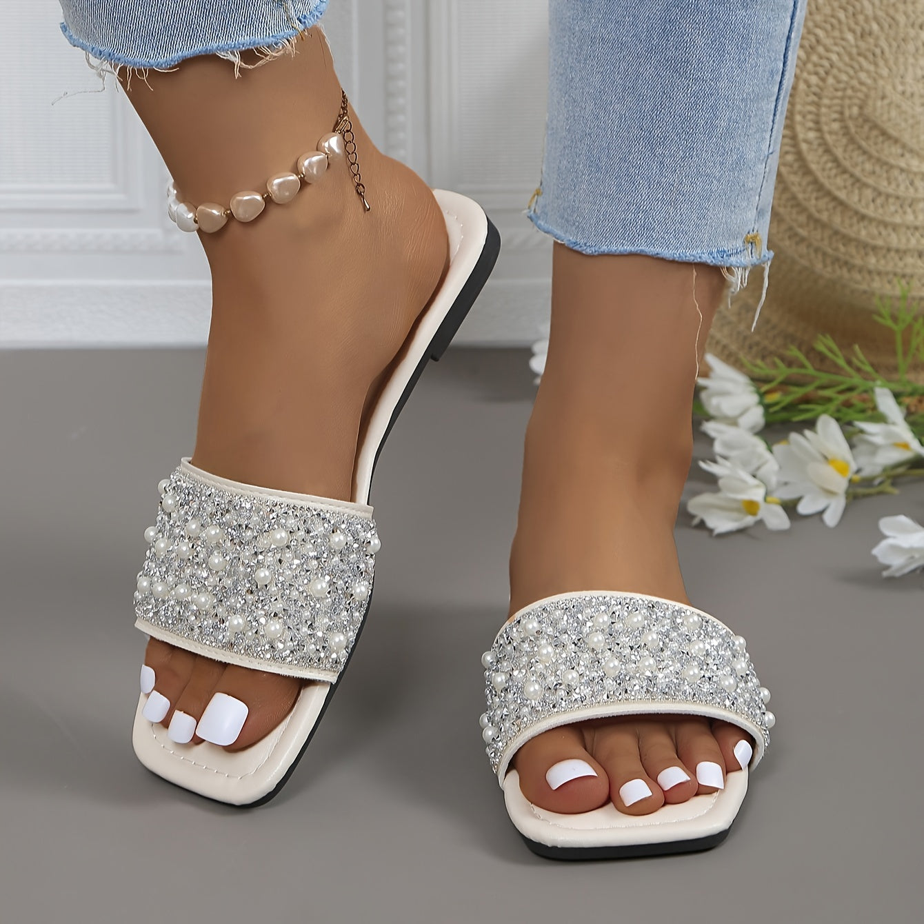 Women Summer Slide Sandals Faux Pearl Embellishments Flat Heel Casual Outdoor