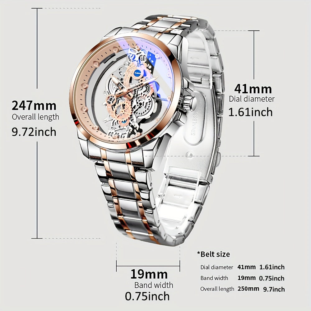 Men's Rose Gold Skeleton Quartz Watch with Luminous Hands Zinc Alloy Case Faux Leather Band