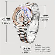 Men's Rose Gold Skeleton Quartz Watch with Luminous Hands Zinc Alloy Case Faux Leather Band