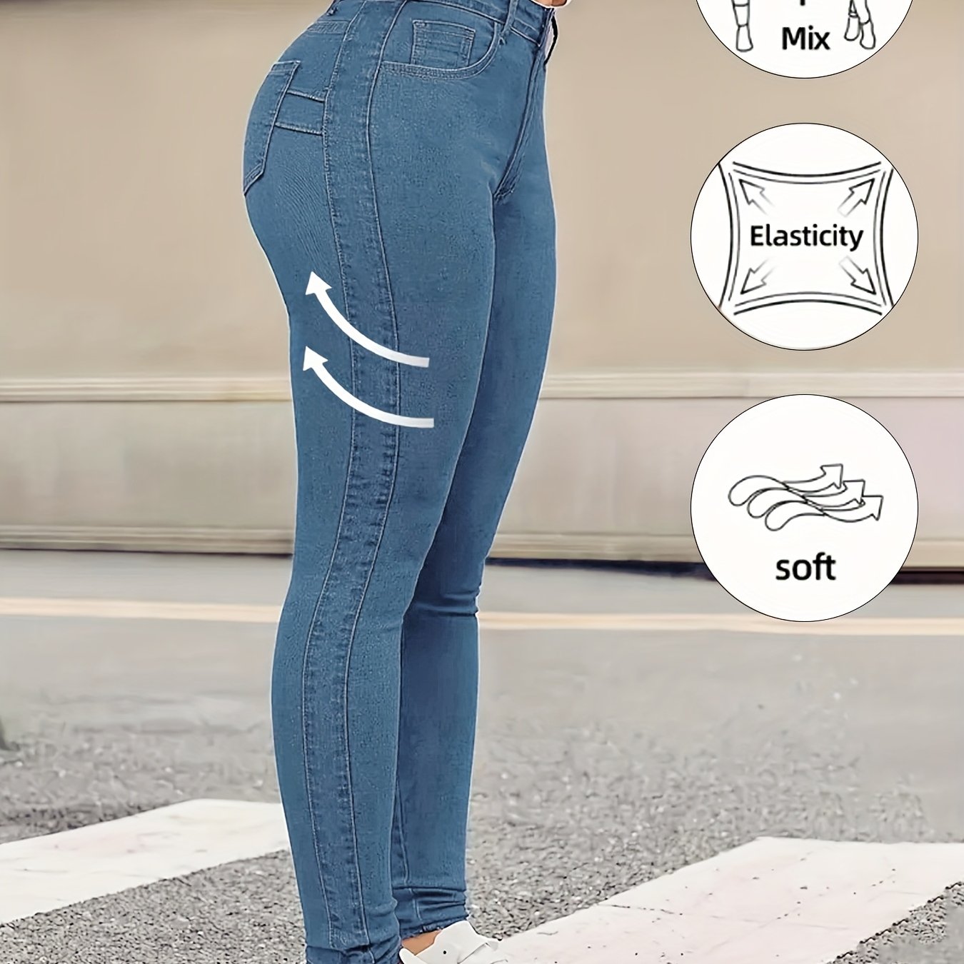 Jeans ajustados elásticos de talla grande para mujer, color sólido, pantalones casuales