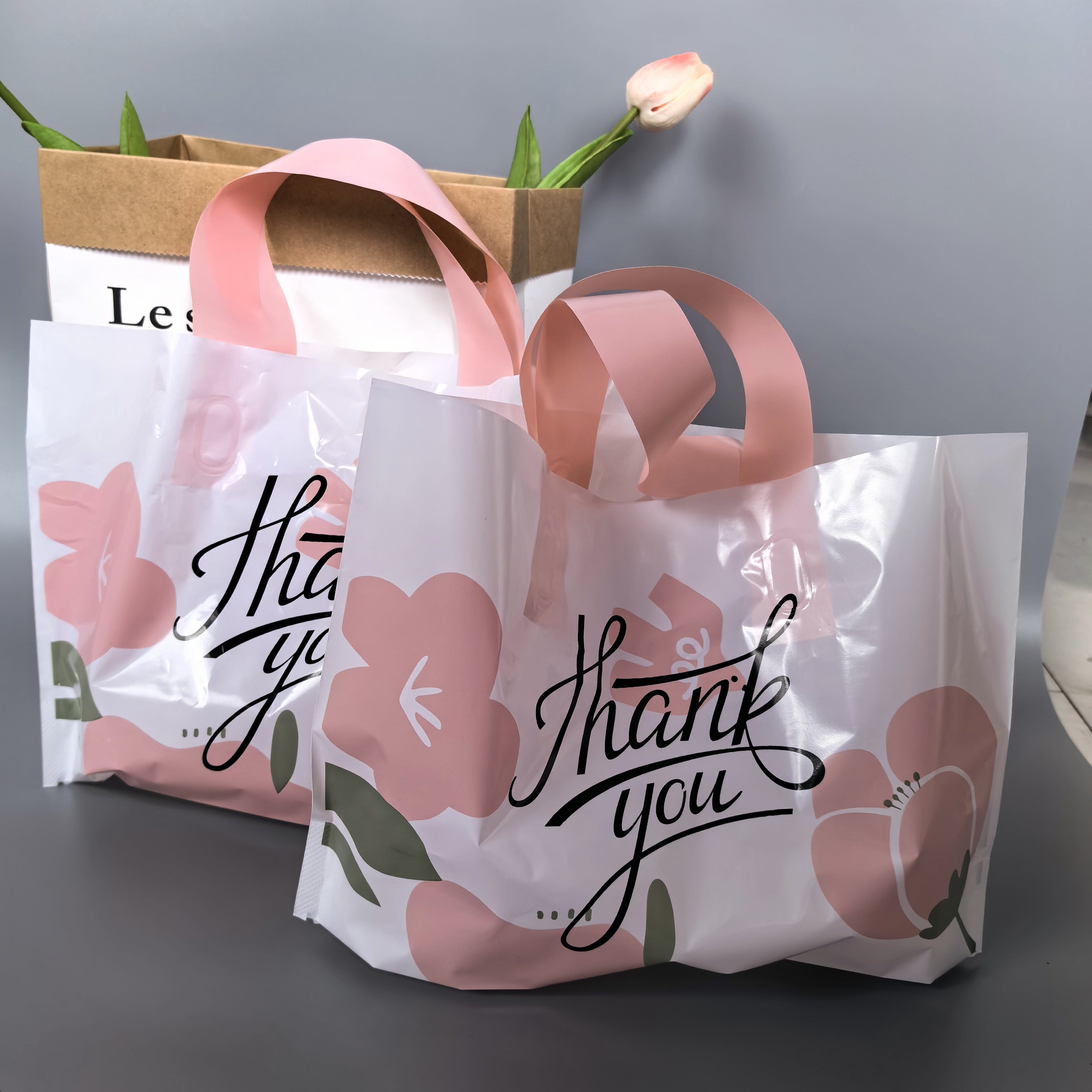 Pack of 50 Floral Gift Bags Plastic Tote for Weddings Birthdays Holidays