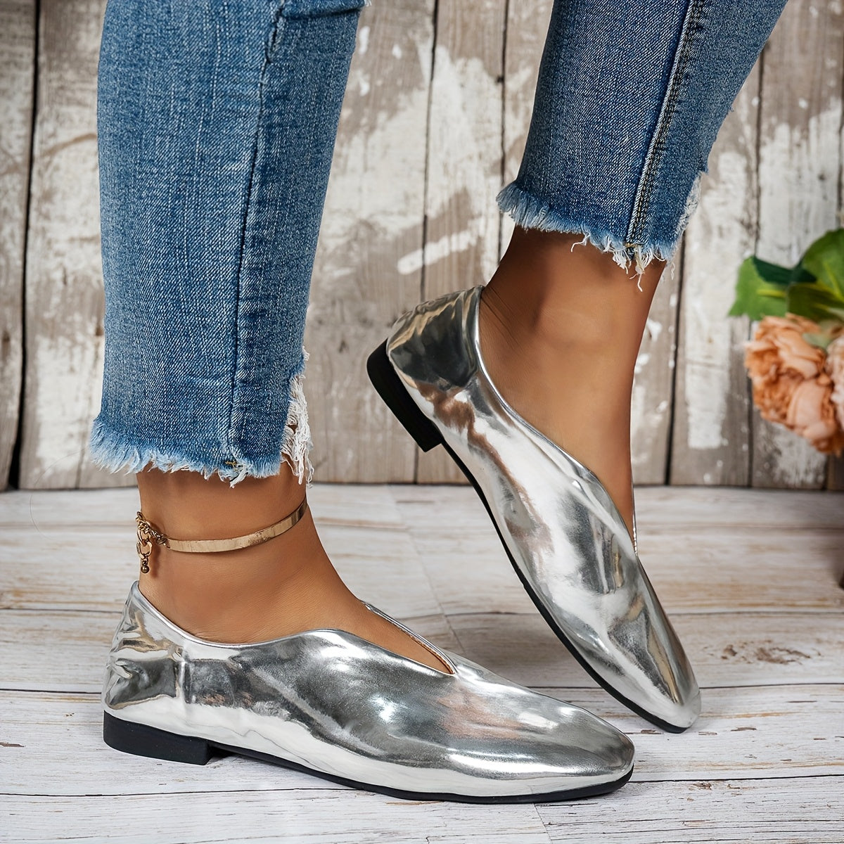 Women’s Red Mary Jane Flats Casual Slip-On Square Toe Shoes