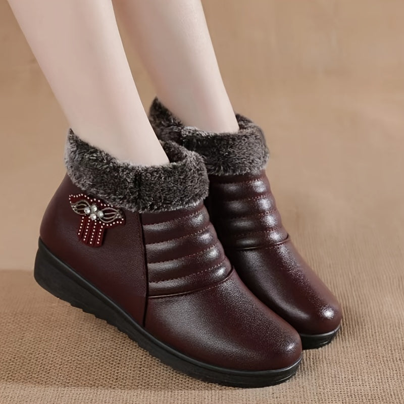 Women's Burgundy Faux Fur Lined Ankle Boots with Non-Slip Sole