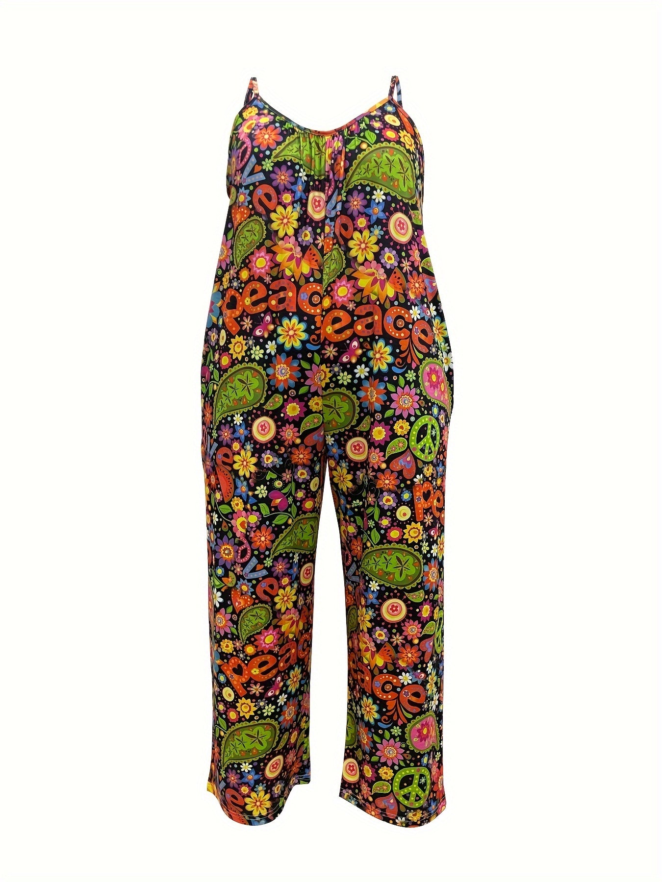 Plus Size Floral Print Wide Leg Jumpsuit Sleeveless Casual Pockets Women